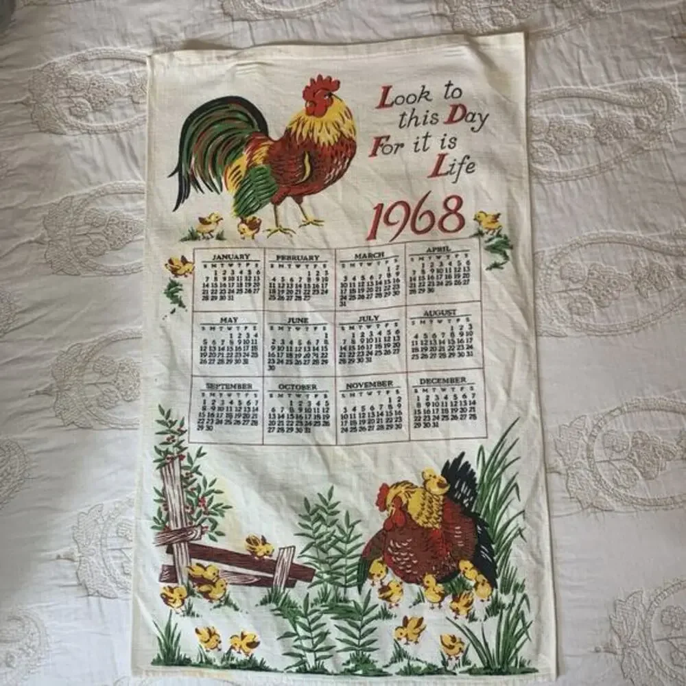 Vintage Tea Towel 1968 Calendar Rooster 16 X 25